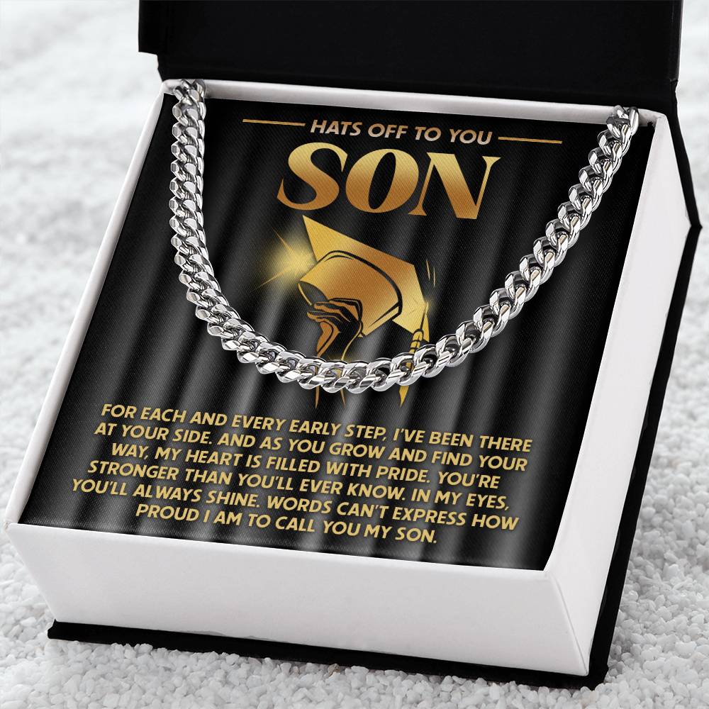 The "To Son, You'll Always Shine" Cuban Link Chain is elegantly crafted and presented in an open black box with a heartfelt message card for a son.