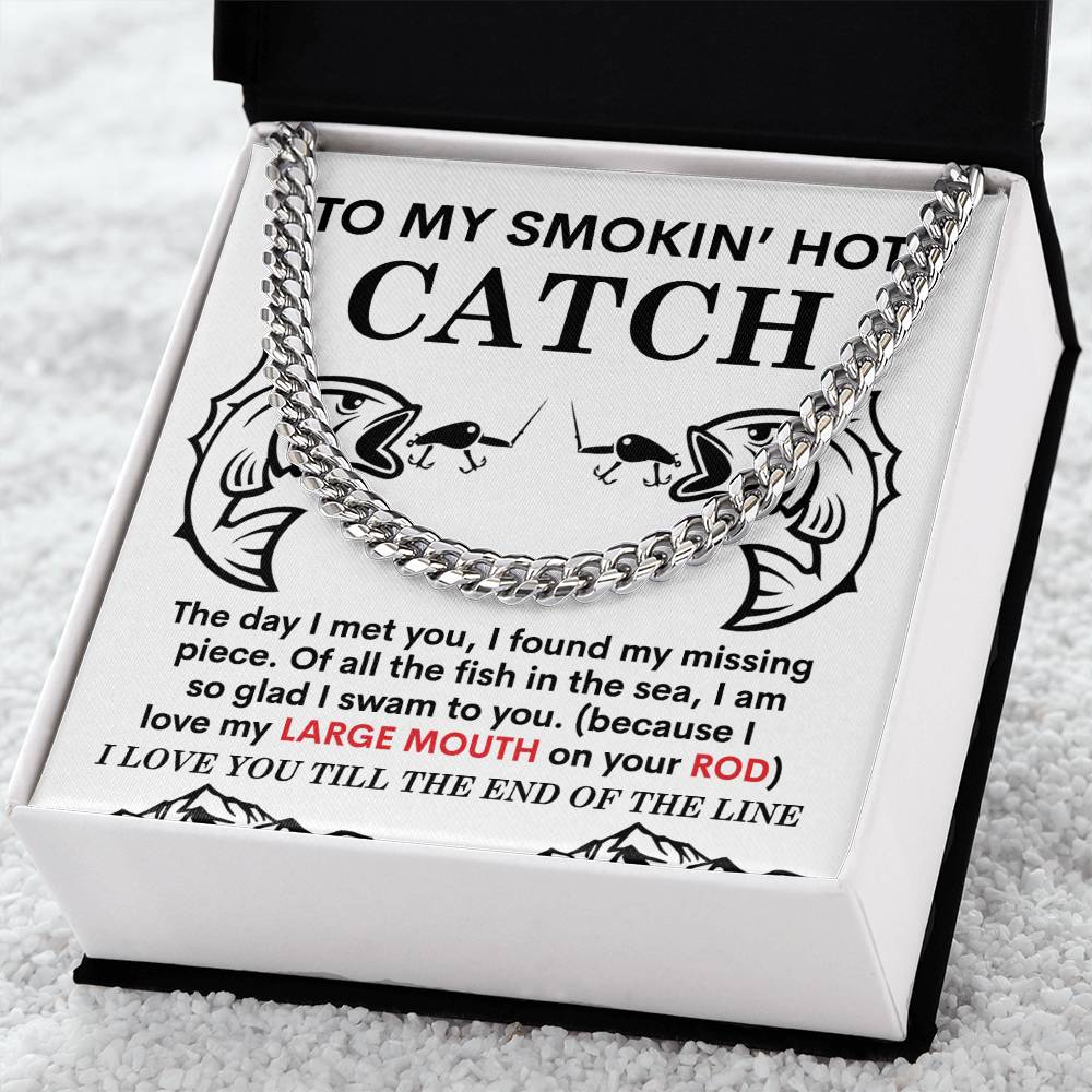 The Man-On Your Rod - Cuban Link Chain, made of polished stainless steel, comes in a black box with a romantic fishing-themed message on the card underneath.