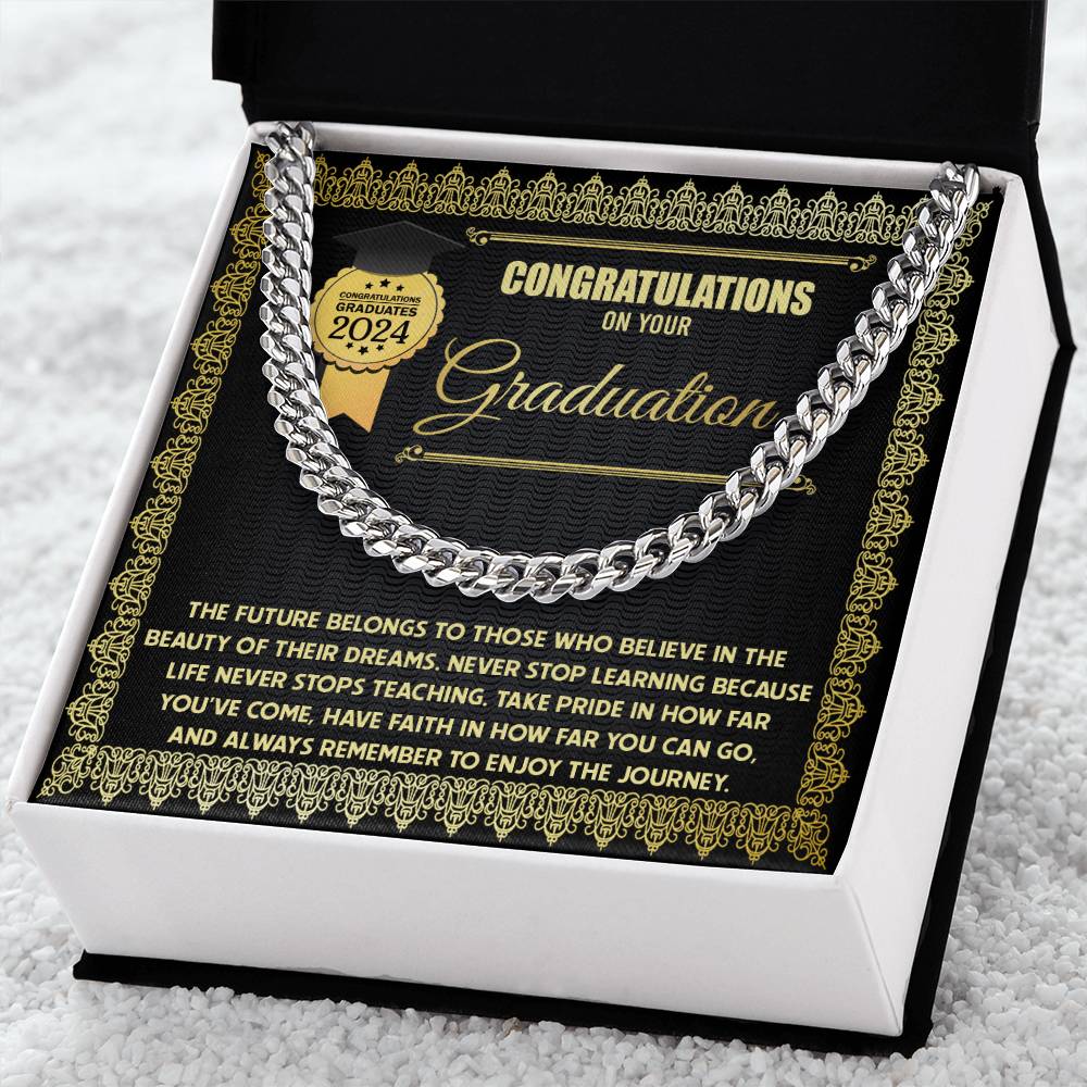 Happy Graduation, The Future - Cuban Link Chain graduation card for the class of 2024 with a Cuban Link Chain border and an inspirational message about learning and embracing the journey.
