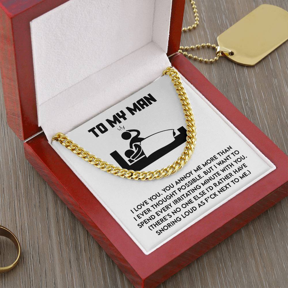 The "My Man-Next To Me - Cuban Link Chain," available in polished stainless steel or 14K yellow gold, comes in a red box with a humorous note titled "To My Man," expressing love despite annoyances like snoring.