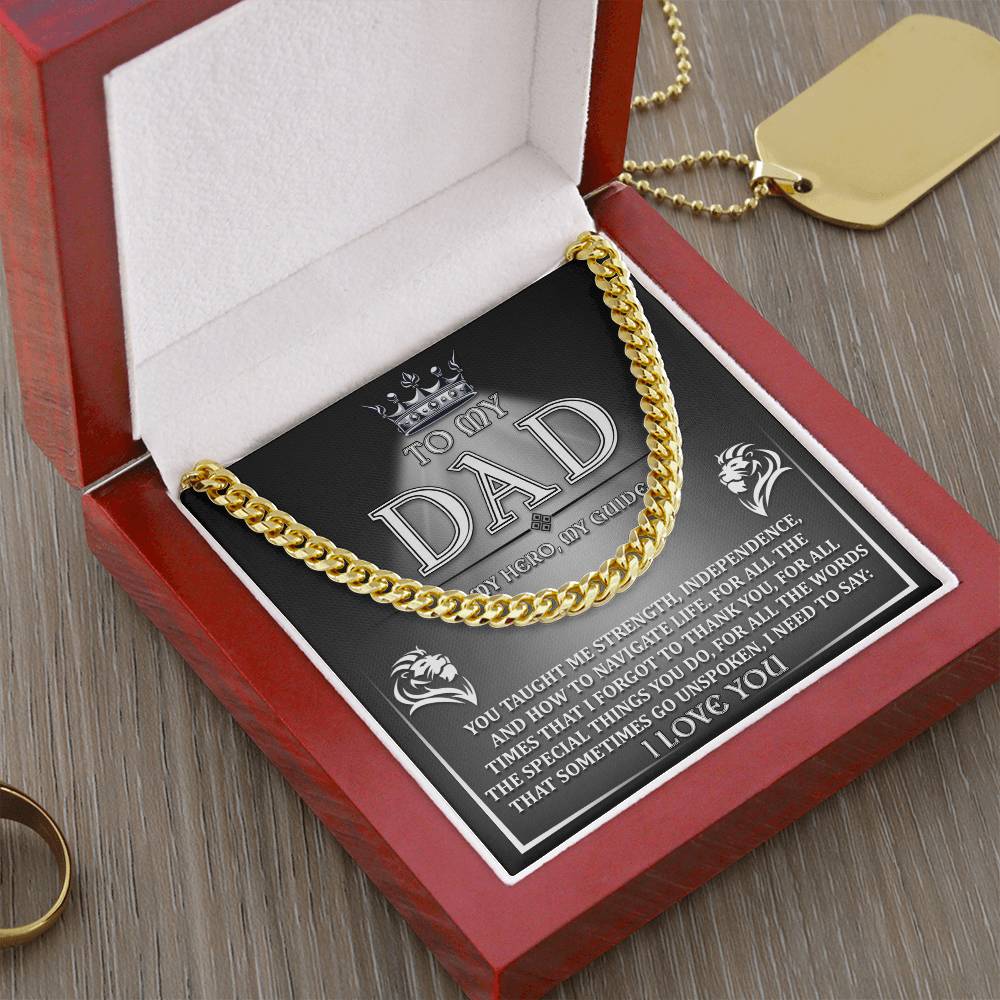 A square plaque with a message for a father, featuring the words "to my dad, my hero, my guide" surrounded by two lion heads and the To Dad, Need To Say - Cuban Link Chain border.