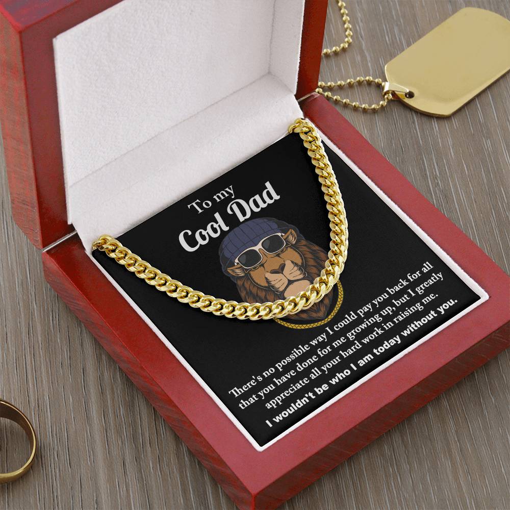 The "To Dad, Cool Dad - Cuban Link Chain" necklace is packaged in a wooden box with a card reading, "To my Cool Dad," accompanied by an illustration and heartfelt message, making it the perfect personalized gift to show your appreciation.