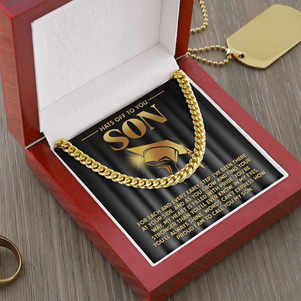 A 14K yellow gold Cuban Link Chain titled "To Son, You'll Always Shine," presented in a red box with a personalized congratulatory message card for your son.