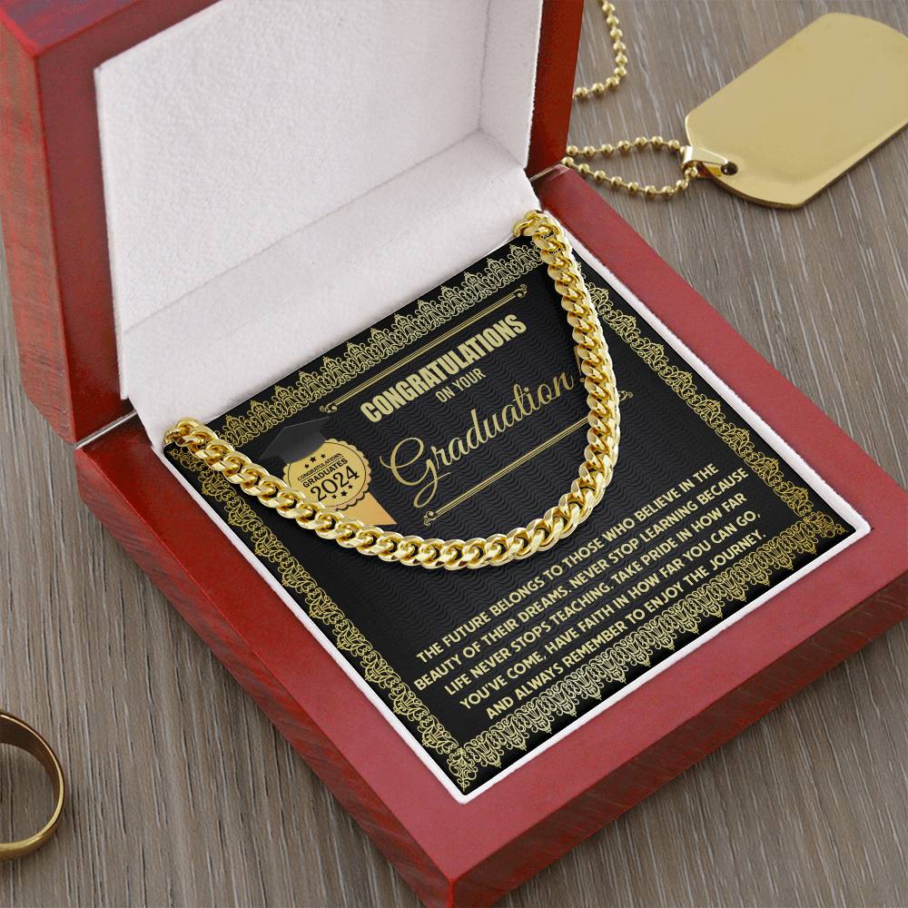 Happy Graduation, The Future - Cuban Link Chain graduation card for the class of 2024 with a Cuban Link Chain border and an inspirational message about learning and embracing the journey.