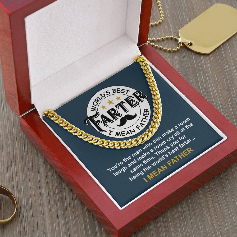 The "To Dad, World's Best Farter - Cuban Link Chain" is a 14K yellow gold necklace in a gift box, featuring a card with the message "World's Best Farter, I Mean Father" and gratitude note. The personalized chain sits on wood alongside a dog tag.