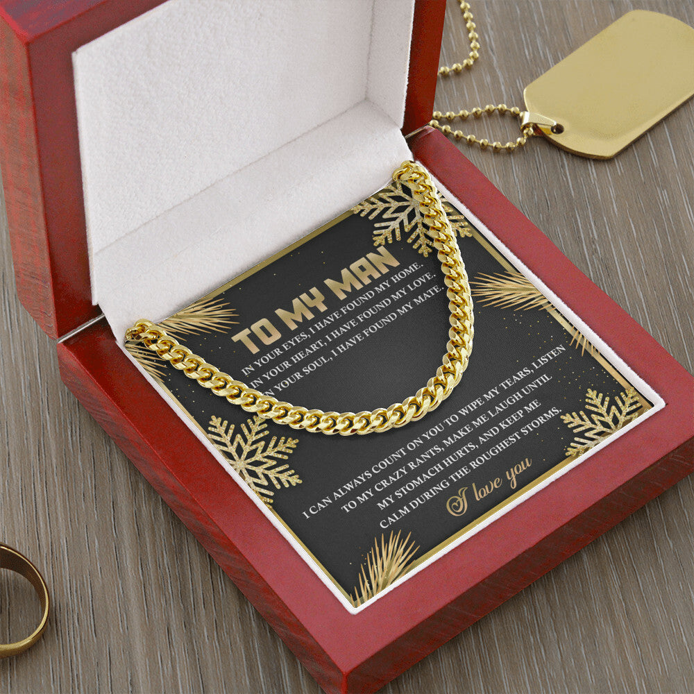 The My Man-Found My Home - Cuban Link Chain is gracefully showcased in a red velvet box. Inside, there is a card with the touching message "To My Man," making it a truly personalized gift. It also includes an adjustable gold-colored dog tag.