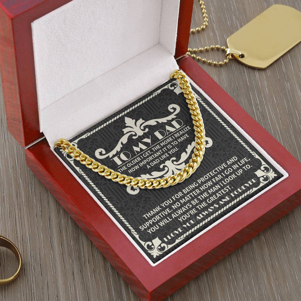 The "To Dad, Dad Like You - Cuban Link Chain" features a 14K yellow gold necklace with a metal tag on an engraved card, all in a red velvet-lined box.