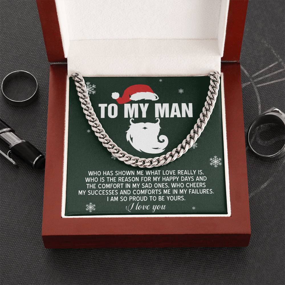 My Man-To Be Yours - Cuban Link Chain necklace arrives in a red box complete with a Christmas-themed message card addressed to "My Man," offering sentiments of love and appreciation. This polished stainless steel piece combines elegance with durability, making it an ideal adjustable necklace for any occasion.