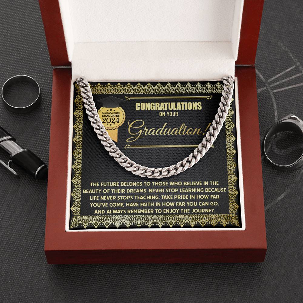 Happy Graduation, The Future - Cuban Link Chain graduation card for the class of 2024 with a Cuban Link Chain border and an inspirational message about learning and embracing the journey.