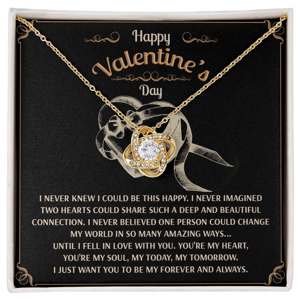 Soulmate-Amazing Ways - Love Knot Necklace featuring a heart pendant displayed on a "Happy Valentine's Day" card with a romantic message.