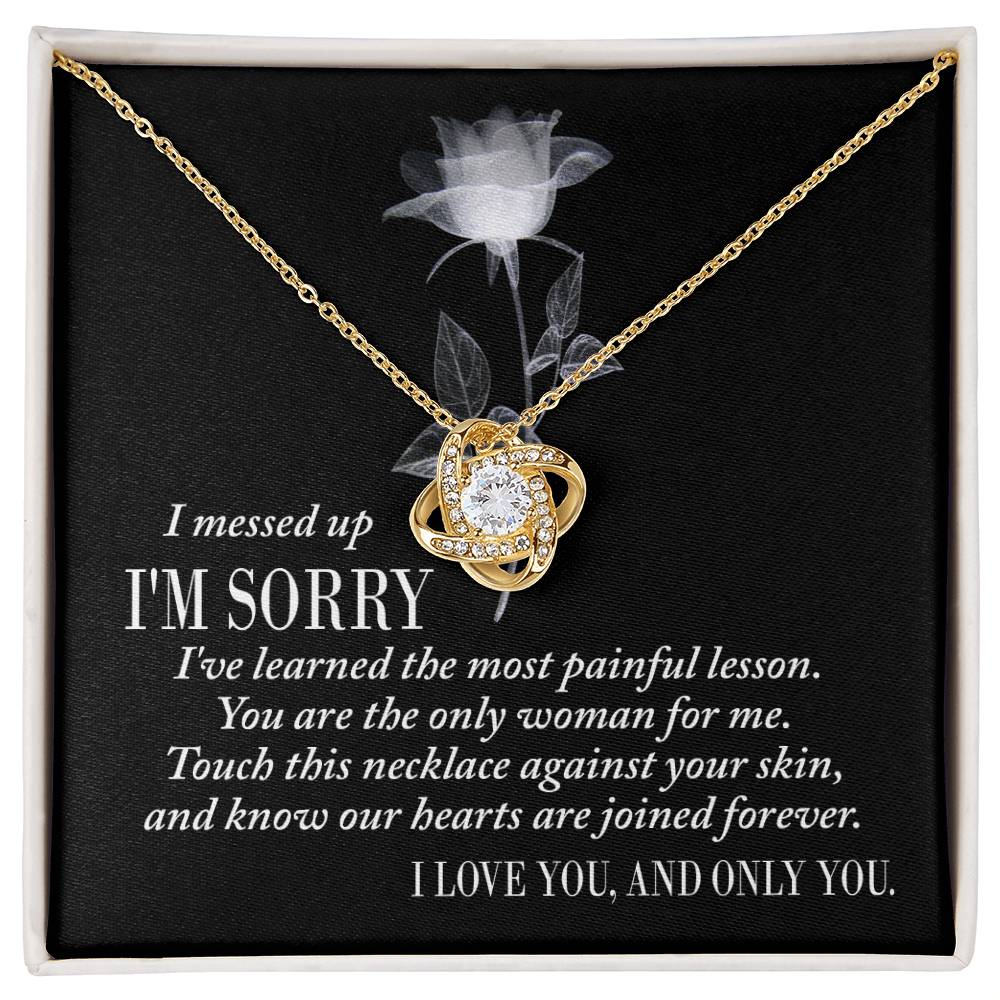 A silver Sorry-Painful Lesson - Love Knot Necklace on a dark background, adorned with shimmering cubic zirconia crystals. The text includes an apology, a statement of love, and an affirmation of unity.