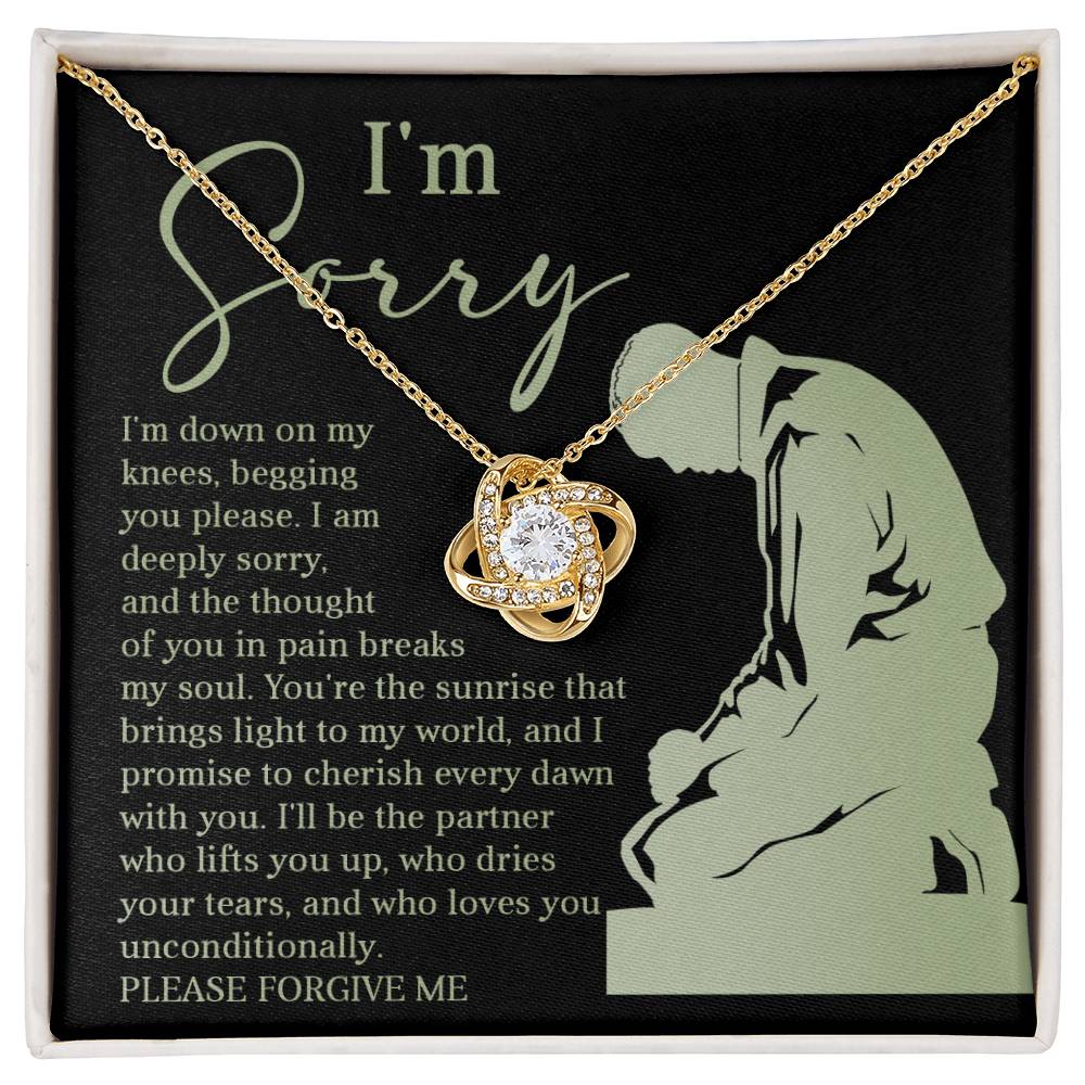 Box containing the "Sorry-On My Knees - Love Knot Necklace," adorned with cubic zirconia crystals and featuring a heartfelt message that reads, "I'm sorry. I'm down on my knees, begging you please. I am deeply sorry. Please forgive me.