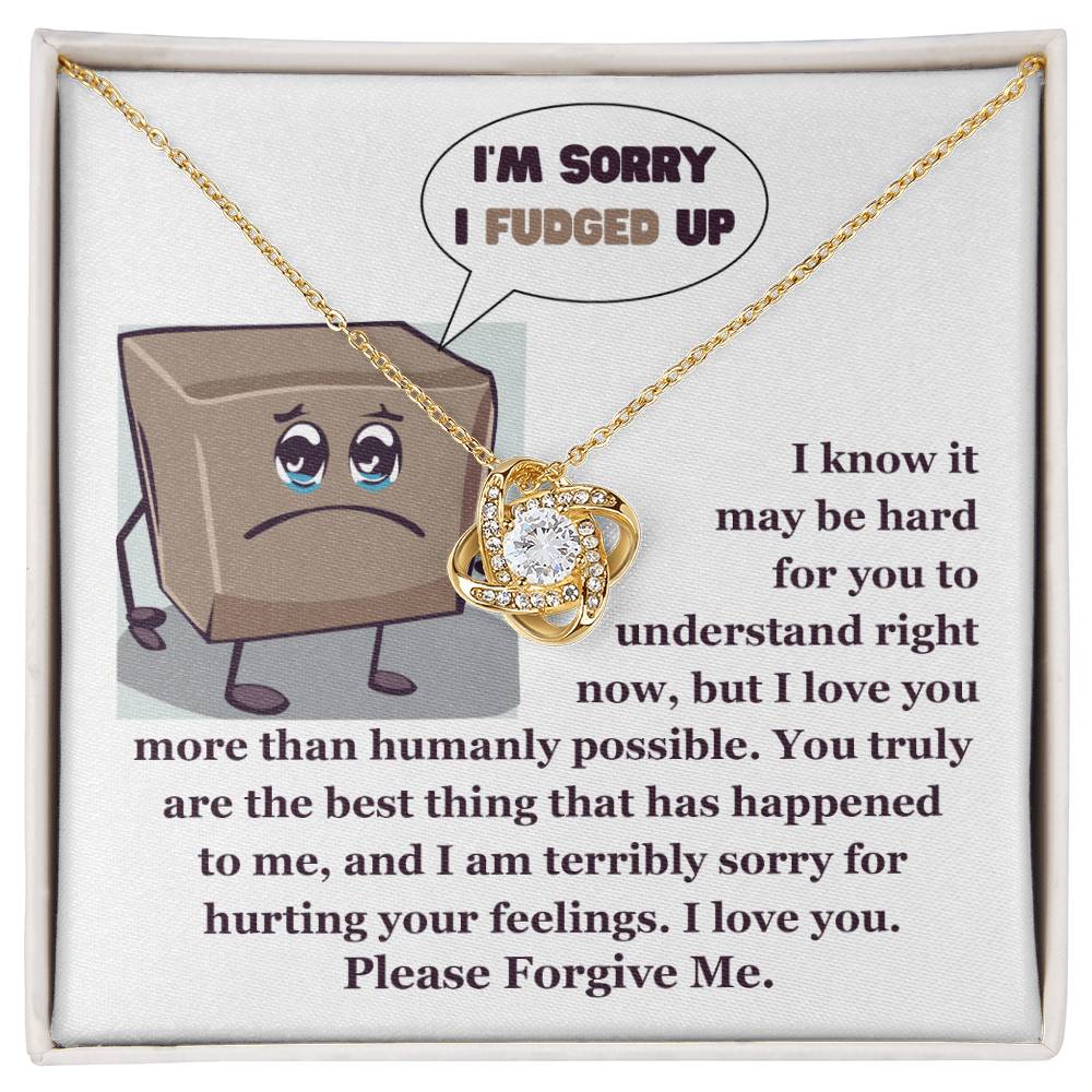 The "Sorry-The Best Thing" Love Knot Necklace, crafted in 14k white gold and adorned with shimmering cubic zirconia crystals, is presented elegantly in a box. The cover showcases an apologetic cartoon, expressing deep regret and asking for forgiveness.