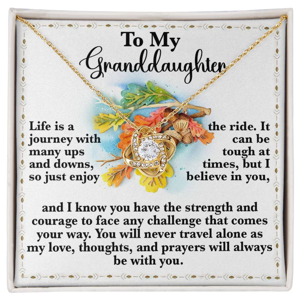 The Granddaughter-Never Travel Alone - Love Knot Necklace, featuring a sparkling cubic zirconia pendant, is elegantly presented in a box. It comes with a heartfelt message conveying love, support, and encouragement, making it the perfect gift for your granddaughter.