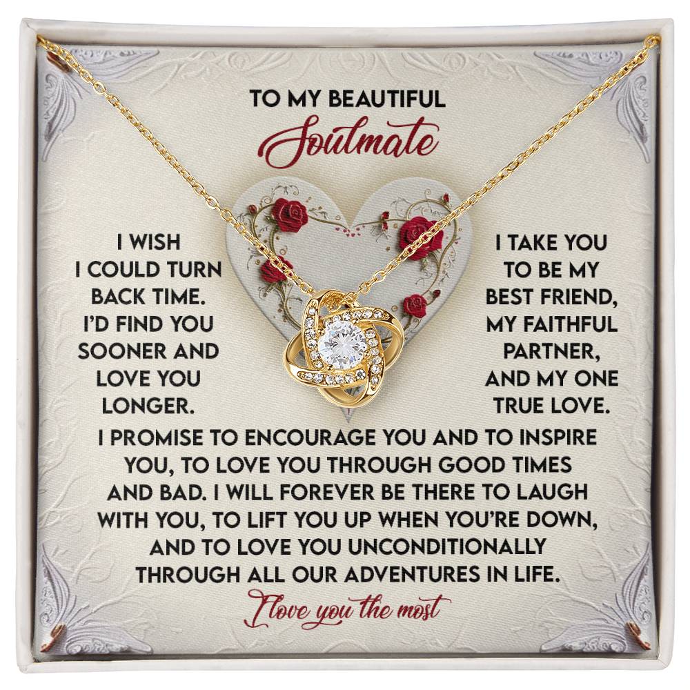 The Soulmate-Laugh With You - Love Knot Necklace beautifully showcases a heartfelt message with cubic zirconia crystals and a gold heart design, elegantly set against red roses and decorative heart motifs. Available in white or yellow gold finish, it's the perfect token of love.