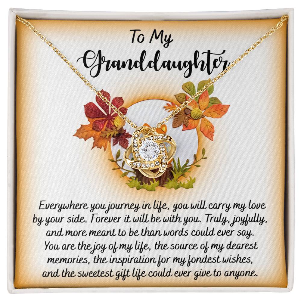 A heartfelt card for a granddaughter accompanies the Granddaughter-By Your Side - Love Knot Necklace, adorned with a radiant gold finish and nestled among autumn leaves. This elegant piece features sparkling cubic zirconia, representing the unbreakable bond and cherished memories that endure through every season.