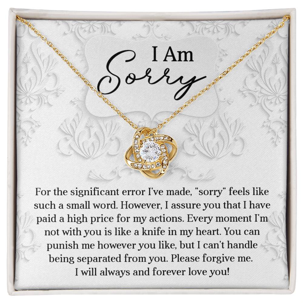 The Sorry-Forever Love You - Love Knot Necklace is elegantly displayed above a heartfelt apology letter that conveys deep remorse and enduring affection, seeking forgiveness. This exquisite piece is crafted in 14k white gold and adorned with sparkling cubic zirconia.