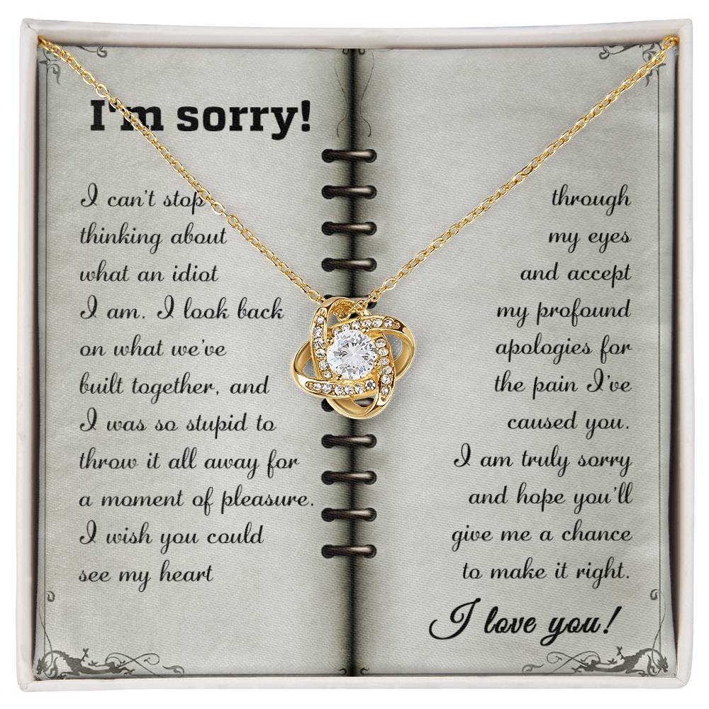 The Sorry-What An Idiot Love Knot Necklace, featuring a heart-shaped pendant adorned with premium cubic zirconia crystals, is presented in a box accompanied by an apology message. The message expresses regret and requests forgiveness and a chance to make amends, concluding with "I love you.