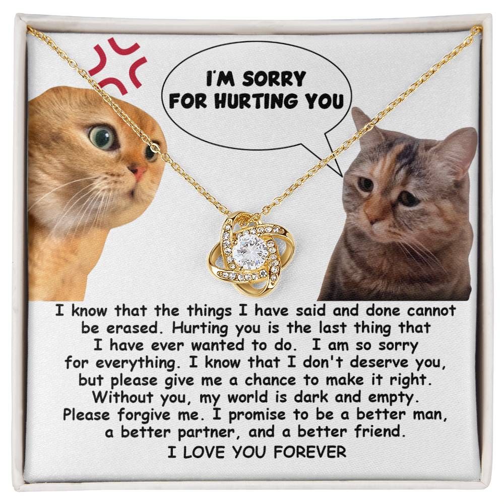 The Sorry-Make It Right - Love Knot Necklace showcases a heartfelt note adorned with two cats, one angry and the other sad. The note conveys remorse with the message, "I'm sorry for hurting you," alongside a promise to improve. Enhanced by cubic zirconia crystals and personalized for an intimate touch, it reads "I LOVE YOU FOREVER.