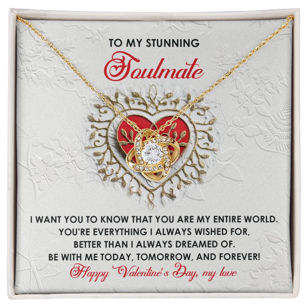 The Soulmate-Be With Me - Love Knot Necklace, featuring cubic zirconia crystals, beautifully hangs from a card inscribed with "soulmate" and "Happy Valentine's Day, my love." It's available in either white or yellow gold finish.