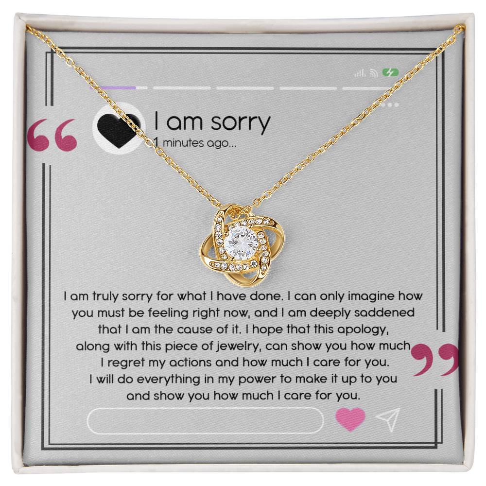Introducing the "Sorry-Care For You - Love Knot Necklace," elegantly finished in white gold and adorned with sparkling cubic zirconia crystals. Accompanied by a heartfelt note expressing sincere apologies and deep regret, this gift beautifully signifies the sender's care and commitment to making amends.