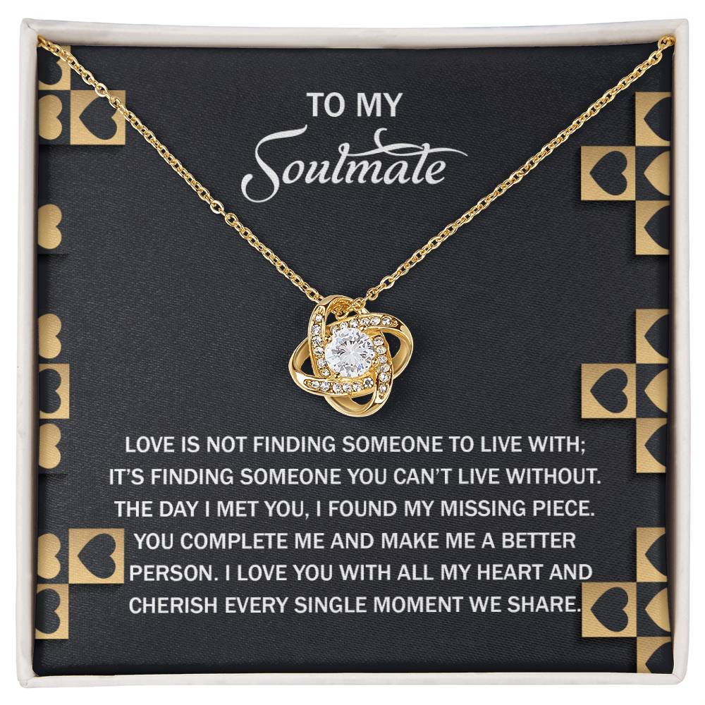 Soulmate-Missing Piece Love Knot Necklace with a radiant cubic zirconia pendant, presented on a "To My Soulmate" message card, conveying deep love and appreciation.