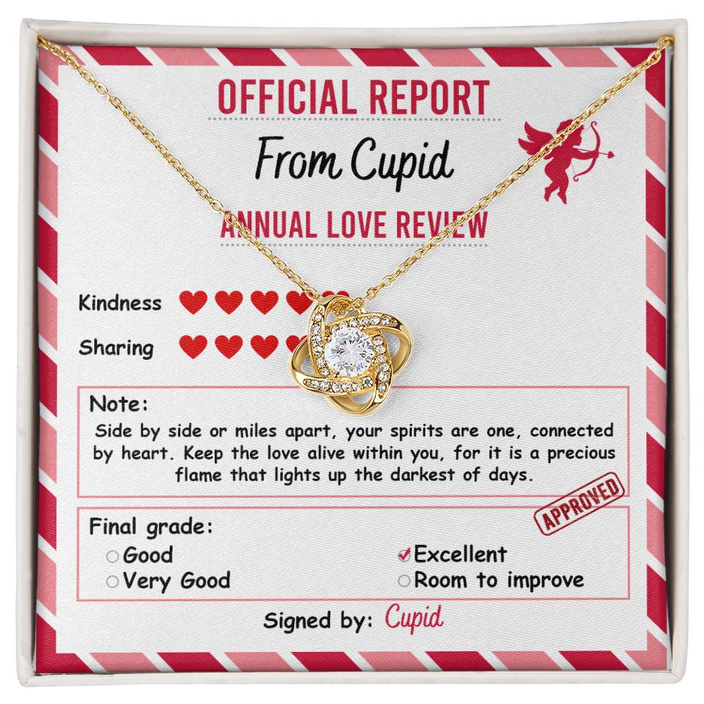 The Soulmate-Official Report Love Knot Necklace features an infinity heart pendant over a "Official Report From Cupid" card, highlighting excellent ratings for kindness and sharing, adorned with shimmering cubic zirconia crystals, making it the perfect personalized gift.