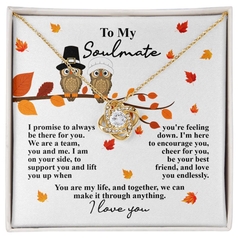 The Soulmate-Love You Endlessly - Love Knot Necklace, adorned with sparkling cubic zirconia crystals, is displayed on a card that reads "To My Soulmate." The card includes an affectionate message and an illustration of two owls on a branch, making this one-of-a-kind gift beautifully express eternal love.