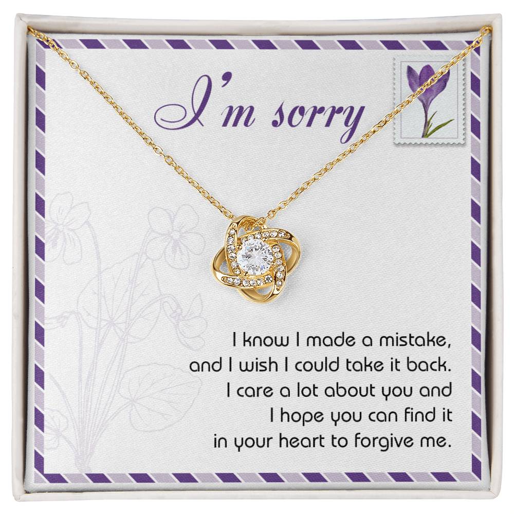 The "Sorry, Take It Back - Love Knot Necklace," featuring a silver pendant embellished with shimmering cubic zirconia crystals, is presented on a sympathy card that reads, "I'm sorry. I know I made a mistake, and I wish I could take it back. I care a lot about you and hope you can forgive me.