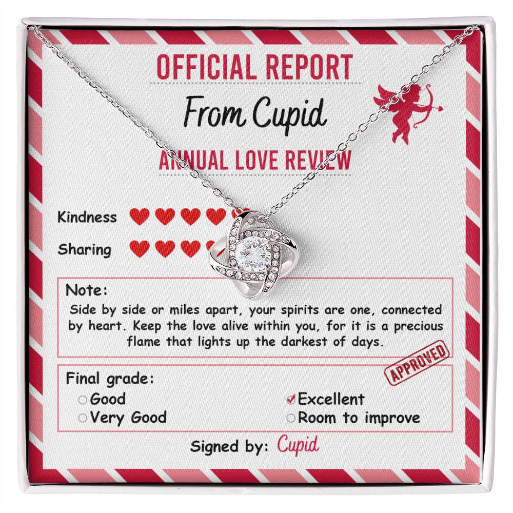 This personalized Soulmate-Official Report Love Knot Necklace showcases a heart-shaped pendant with cubic zirconia crystals. Elegantly presented on a mock "Cupid Report" card, it includes love ratings for kindness and sharing, concluding with an "Excellent" grade.