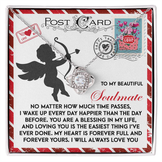 The Soulmate-Forever Yours - Love Knot Necklace comes in a charming gift box with a romantic message. Featuring cubic zirconia crystals, cupid illustrations, and decorative stamps, it’s an ideal personalized gift for your soulmate.