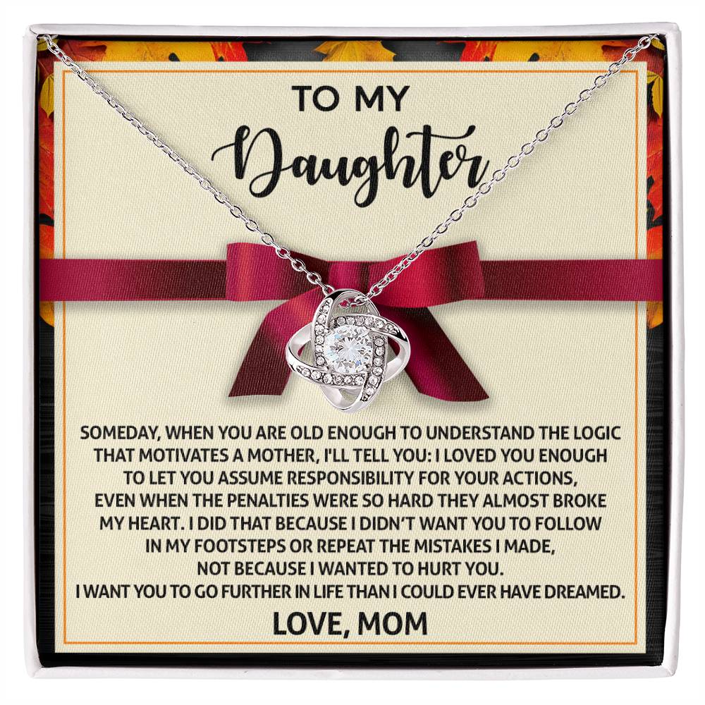 The Daughter-Further In Life Love Knot Necklace, featuring intertwined hearts, is beautifully presented on a note from a mother to her daughter. It conveys love, guidance, and aspirations for her daughter’s success. Available in either white gold or yellow gold finishes with sparkling cubic zirconia crystals, this necklace accentuates the heartfelt message signed "Love, Mom.