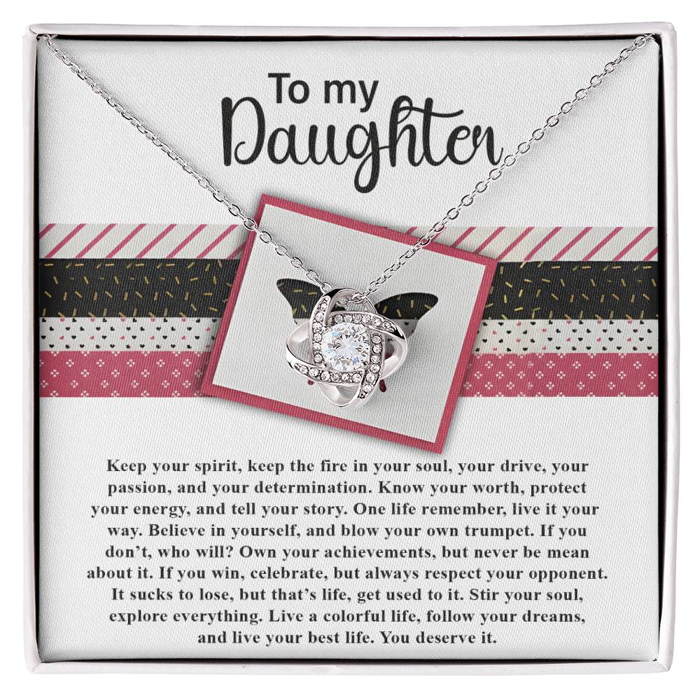 A classic gift, the Daughter-Keep The Fire - Love Knot Necklace features intertwined rings and is beautifully presented in a gift box embellished with cubic zirconia crystals, along with an inscription that reads "To my Daughter" and an inspiring motivational message.