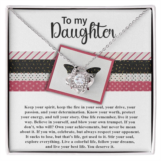 A classic gift, the Daughter-Keep The Fire - Love Knot Necklace features intertwined rings and is beautifully presented in a gift box embellished with cubic zirconia crystals, along with an inscription that reads "To my Daughter" and an inspiring motivational message.