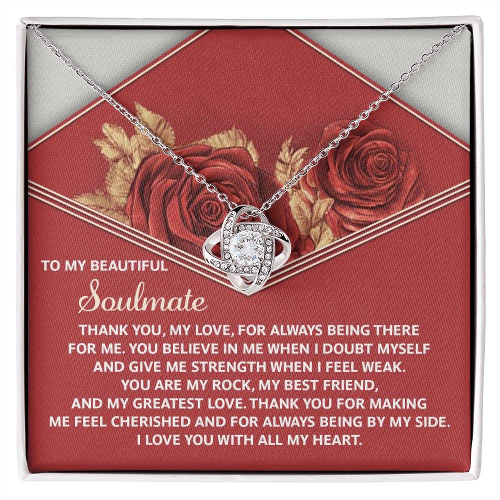 The Soulmate-All My Heart - Love Knot Necklace, featuring cubic zirconia crystals and a white gold finish, includes a heart pendant in a box with a romantic red rose design, symbolizing love and gratitude for your soulmate.