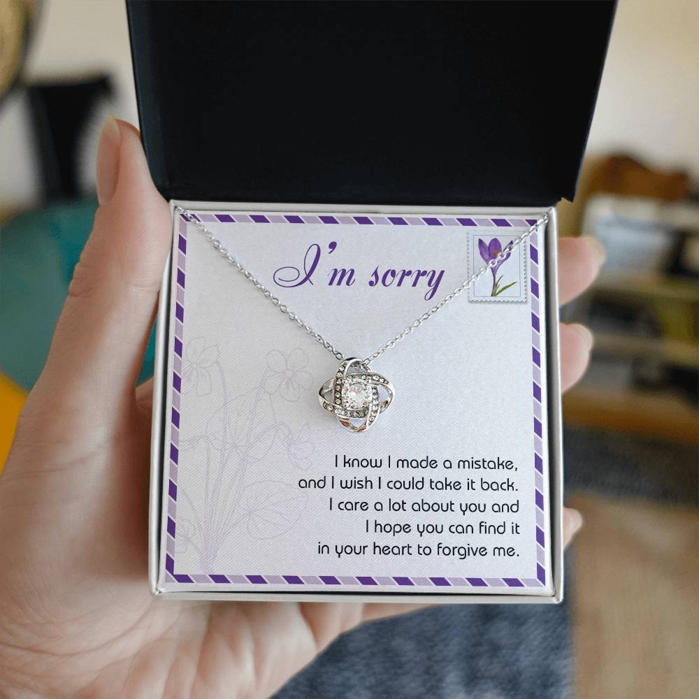 The "Sorry, Take It Back - Love Knot Necklace," featuring a silver pendant embellished with shimmering cubic zirconia crystals, is presented on a sympathy card that reads, "I'm sorry. I know I made a mistake, and I wish I could take it back. I care a lot about you and hope you can forgive me.