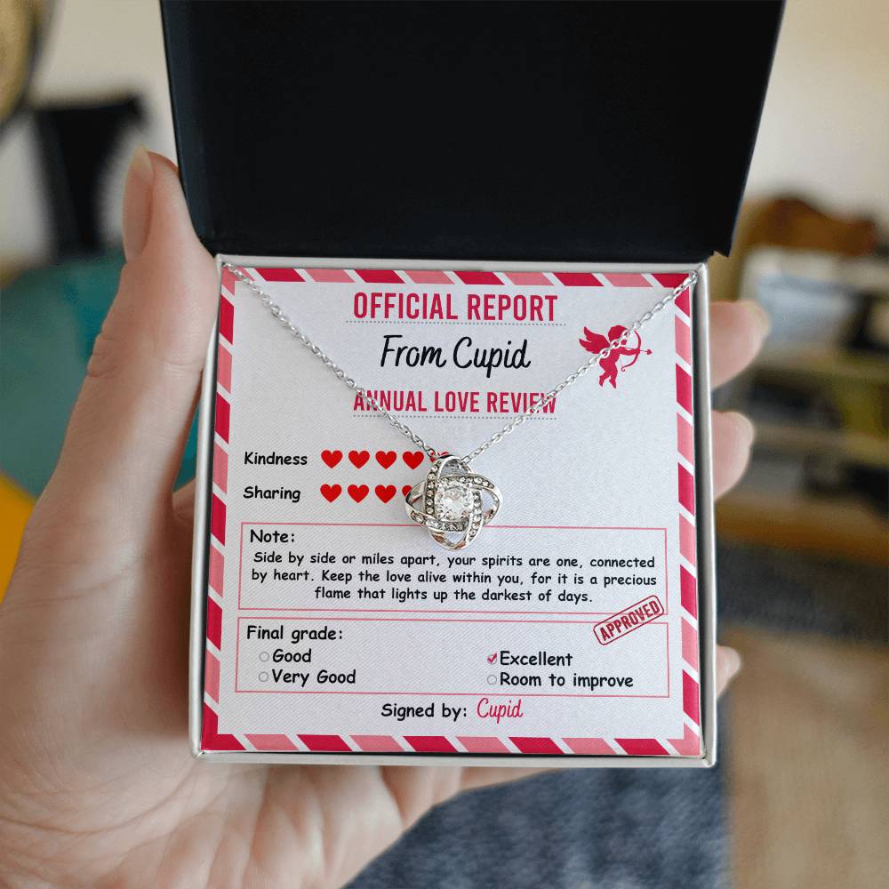 The Soulmate-Official Report Love Knot Necklace features a heart-shaped design with a gold finish, presented in a gift box. The inside lid reads "Official Report from Cupid," rating kindness and sharing, and includes cubic zirconia crystals with a note about love, signed by Cupid.