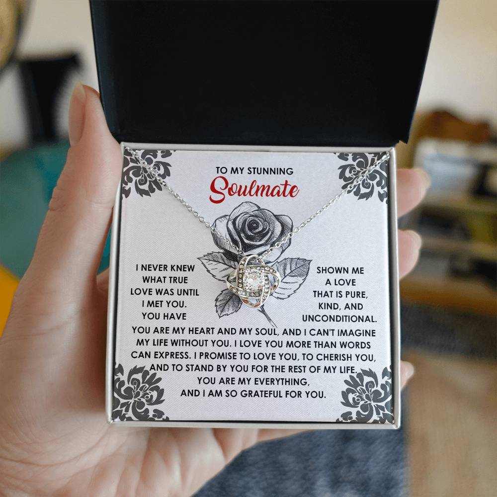 The Soulmate-Cherish You gift box includes a Love Knot Necklace with cubic zirconia crystals and a floral card addressed to "Soulmate," expressing love and gratitude.