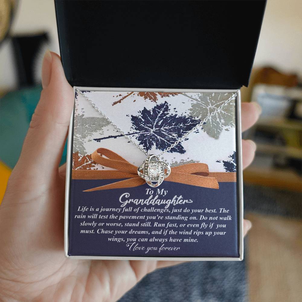 A hand holds a box featuring the Granddaughter-Have Mine - Love Knot Necklace, a stunning piece adorned with cubic zirconia set in white gold, along with a decorative card that carries a heartfelt message to a granddaughter about life and dreams.