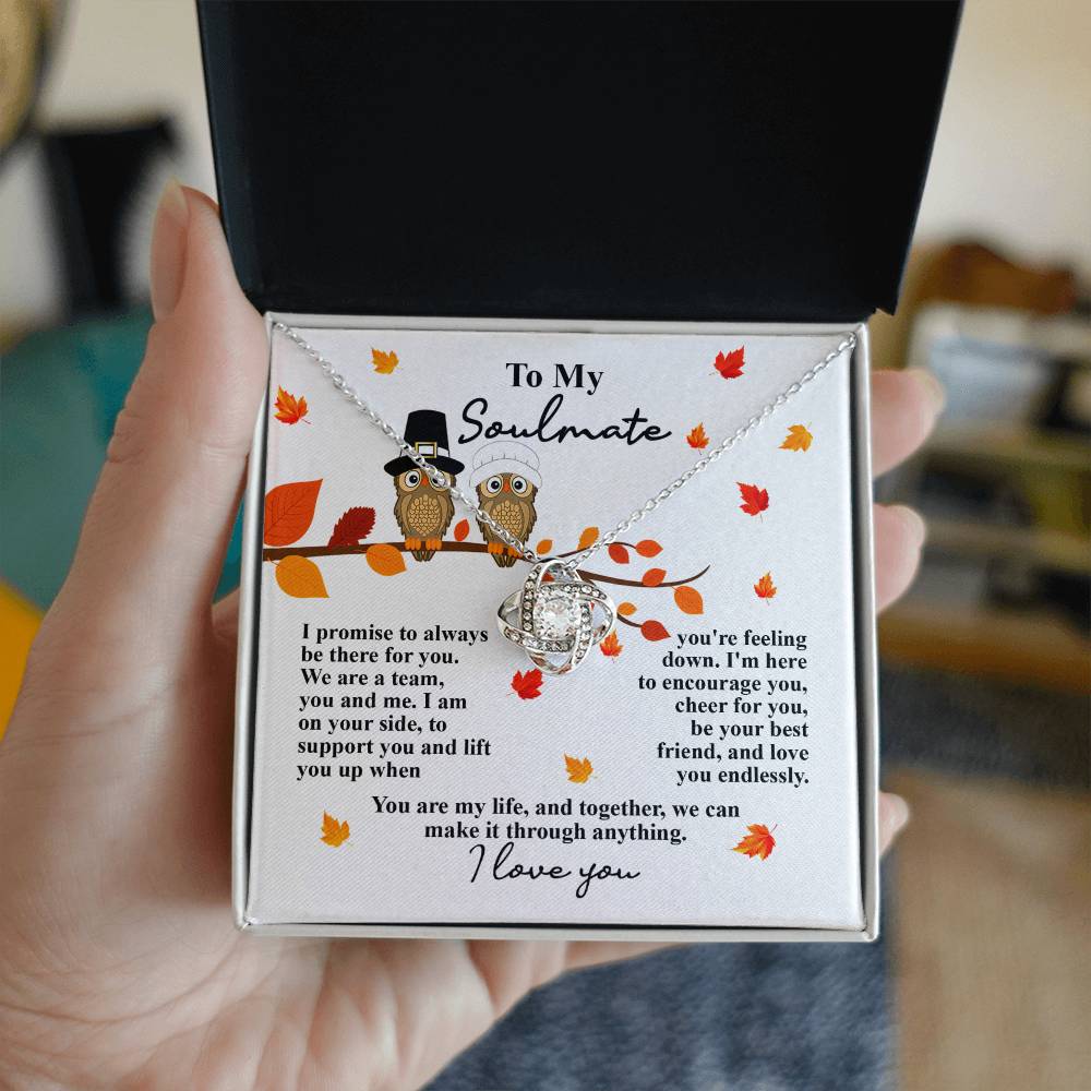 A person holds an open gift box containing the Soulmate-Love You Endlessly - Love Knot Necklace adorned with a gold finish and cubic zirconia crystals, accompanied by a card that reads "To My Soulmate" with a sentimental message. The card is beautifully illustrated with two owls and autumn leaves.