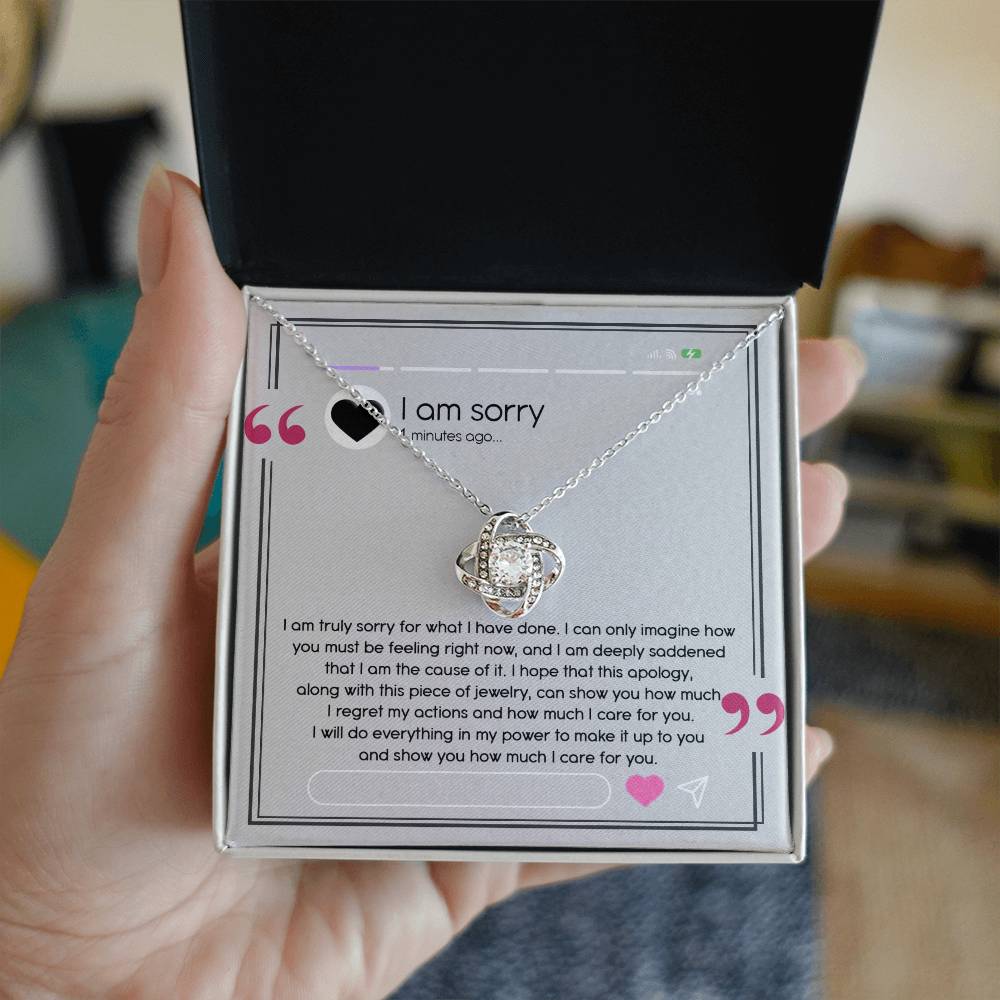 Introducing the "Sorry-Care For You - Love Knot Necklace," elegantly finished in white gold and adorned with sparkling cubic zirconia crystals. Accompanied by a heartfelt note expressing sincere apologies and deep regret, this gift beautifully signifies the sender's care and commitment to making amends.