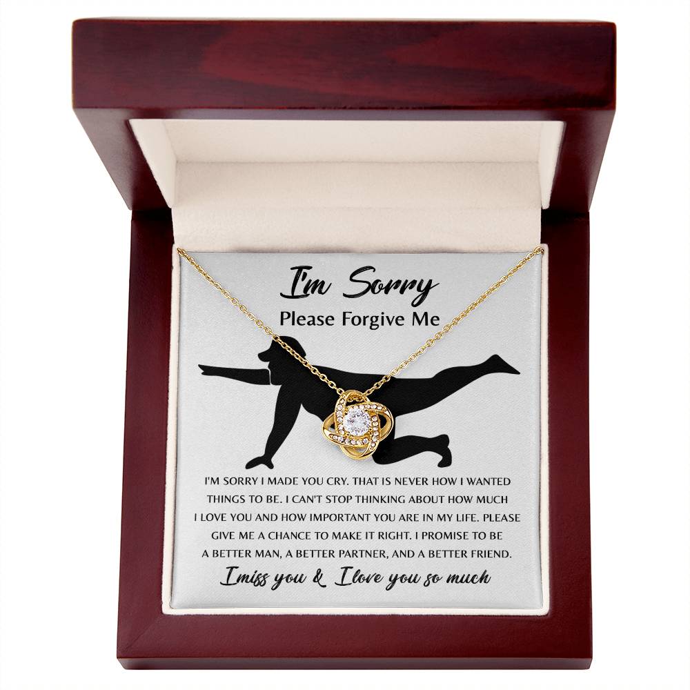 The Sorry-Things to Be Love Knot Necklace features an intertwined knot pendant adorned with cubic zirconia crystals and comes with a heartfelt card that depicts a silhouette of a person kneeling and the words, "I'm sorry, please forgive me... I promise to be a better man..." among other touching text. This classic gift speaks volumes.