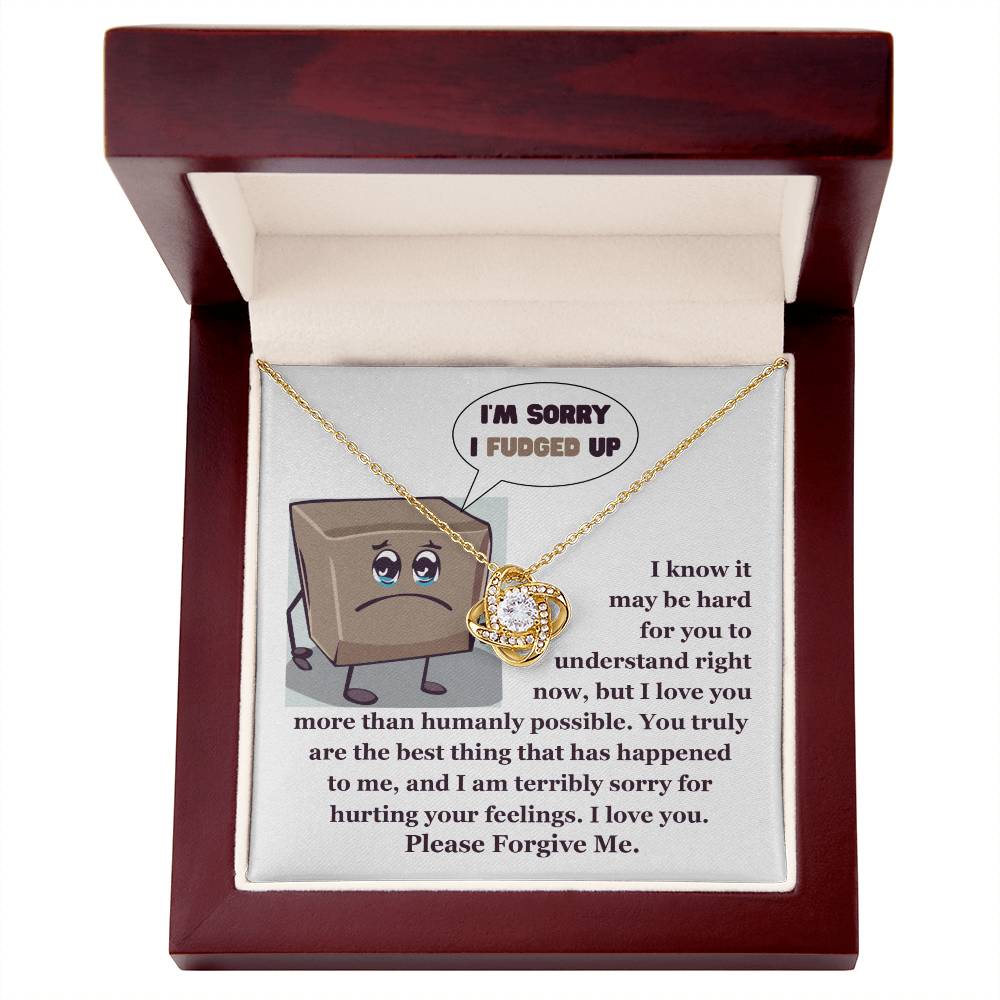 The "Sorry-The Best Thing" Love Knot Necklace, crafted in 14k white gold and adorned with shimmering cubic zirconia crystals, is presented elegantly in a box. The cover showcases an apologetic cartoon, expressing deep regret and asking for forgiveness.