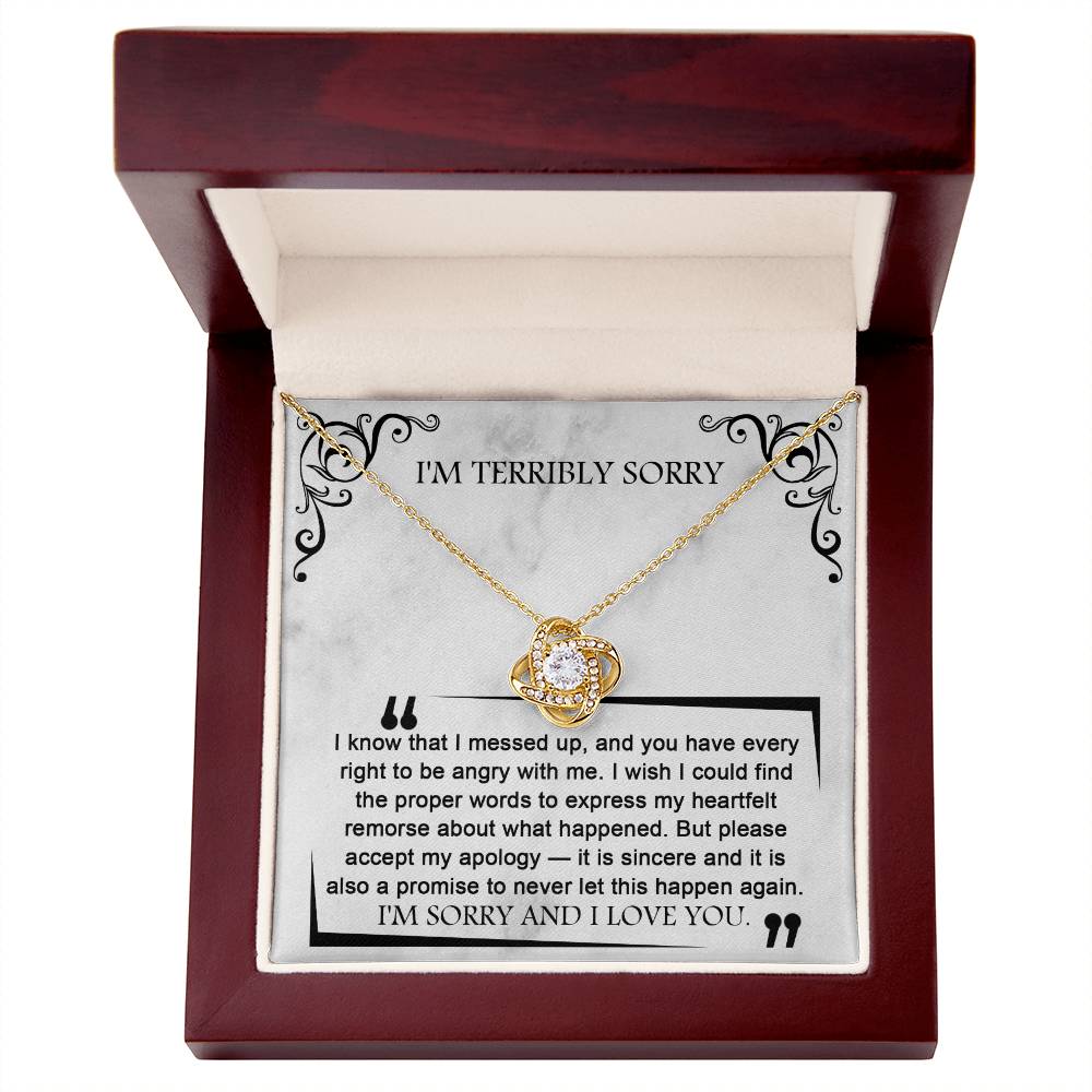 A Sorry-Angry With Me - Love Knot Necklace featuring a circular pendant encrusted with cubic zirconia crystals is displayed in a red velvet box. The box contains an apology message.