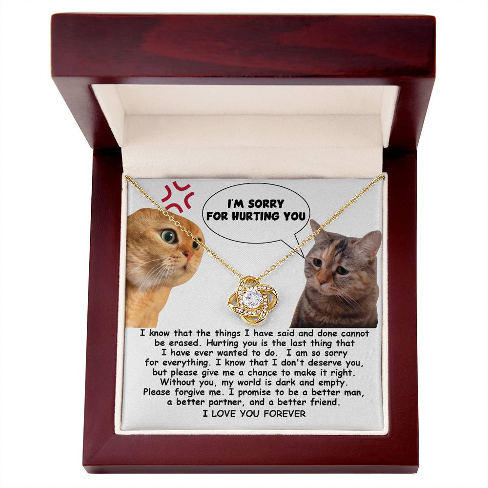 The Sorry-Make It Right - Love Knot Necklace showcases a heartfelt note adorned with two cats, one angry and the other sad. The note conveys remorse with the message, "I'm sorry for hurting you," alongside a promise to improve. Enhanced by cubic zirconia crystals and personalized for an intimate touch, it reads "I LOVE YOU FOREVER.