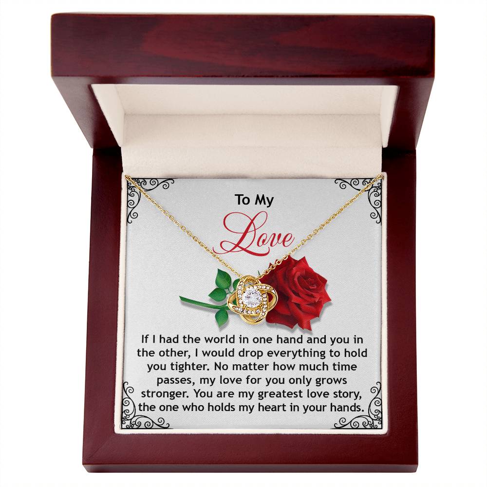 The Soulmate-In Your Hands - Love Knot Necklace features a heart pendant in a box with a romantic card about enduring love. It's an ideal gift for your loved one, showcasing dazzling cubic zirconia that captures the essence of unending affection.
