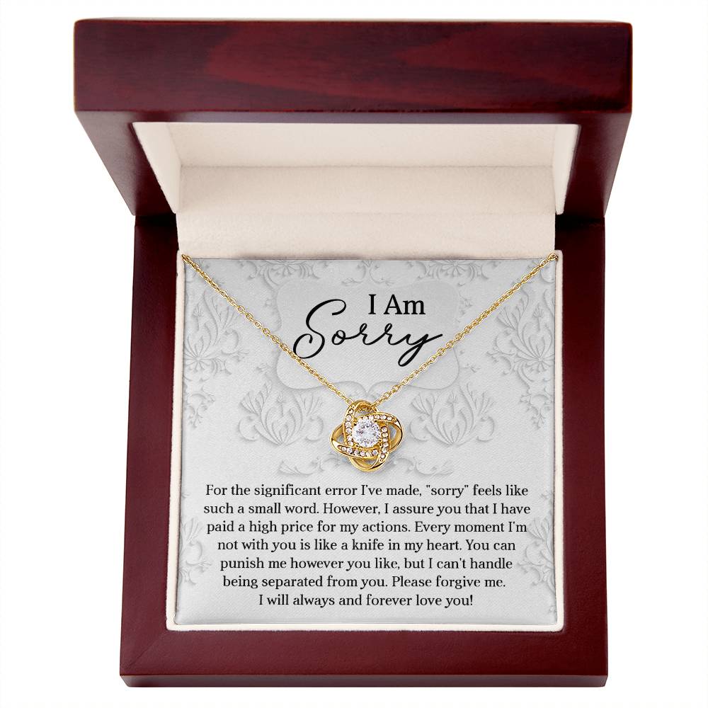 The Sorry-Forever Love You - Love Knot Necklace, featuring a circular gold pendant with a central premium cubic zirconia gem, is presented in a red box with an apology note that reads, "I Am Sorry," followed by an emotional message acknowledging regret and seeking forgiveness.