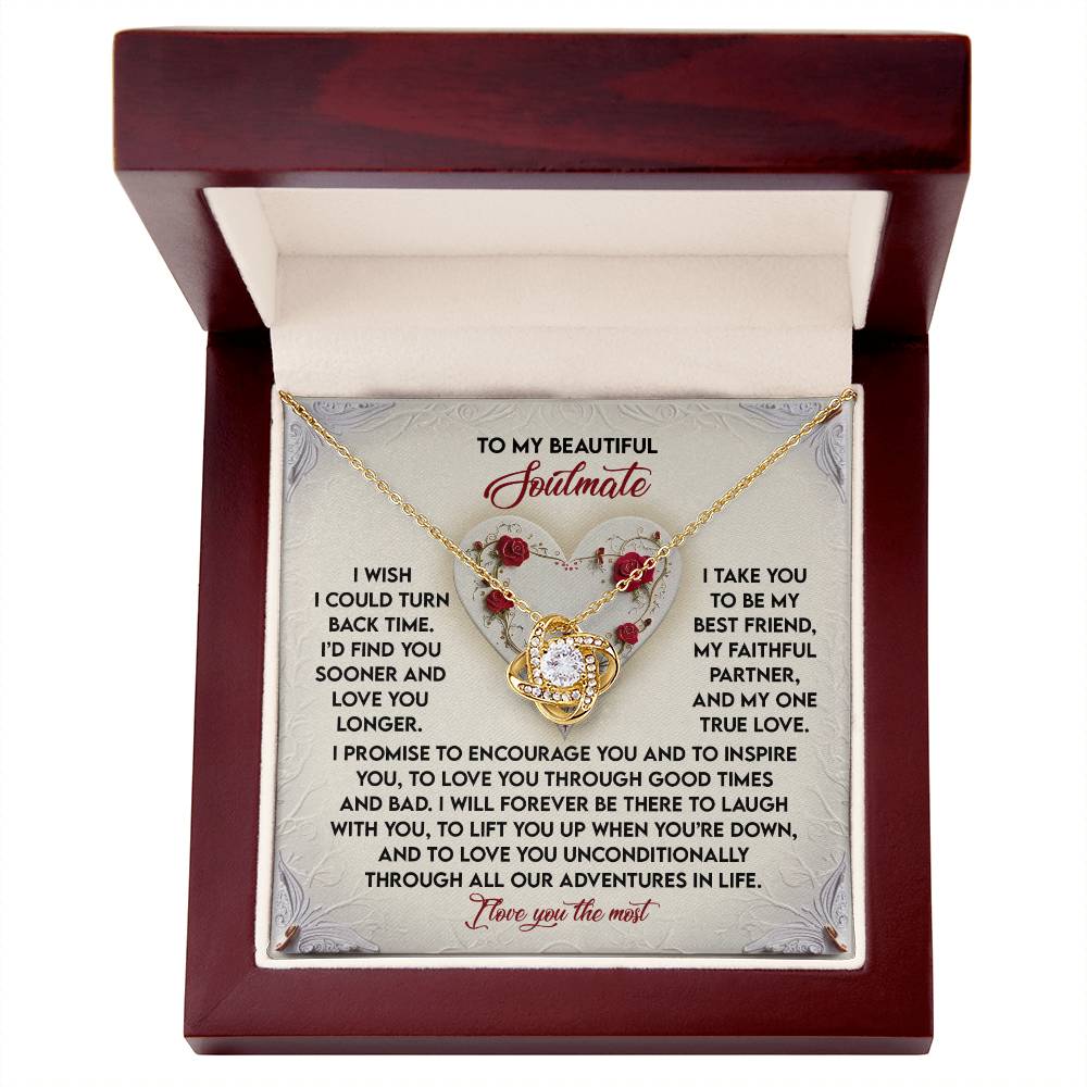 The Soulmate-Laugh With You Love Knot Necklace, embellished with cubic zirconia crystals, comes in a gift box featuring an inscribed message about love and companionship, making it an ideal personalized gift.