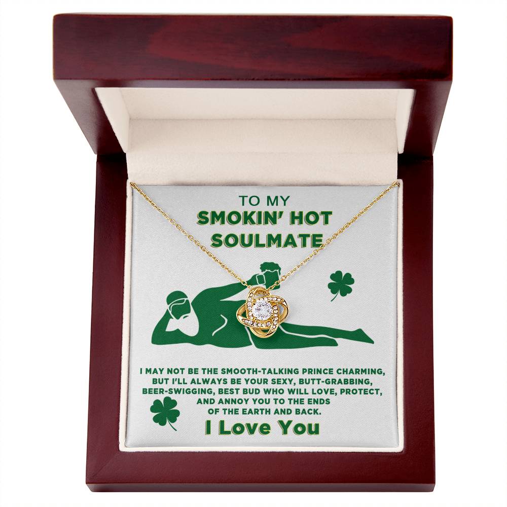 My personalized smoky hot To My Soulmate, Always Be Your Love Knot Necklace from ShineOn Fulfillment jewelry box.