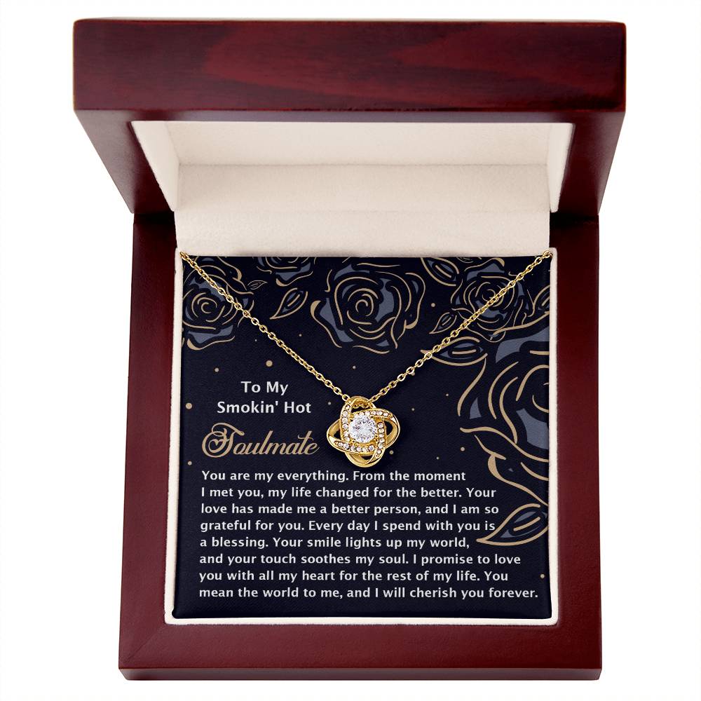 The Soulmate-My Soul 2 - Love Knot Necklace features a planet-shaped pendant with cubic zirconia crystals, elegantly packaged in a wooden box with a romantic message. Available in white and yellow gold finishes, it's perfect for expressing your love.